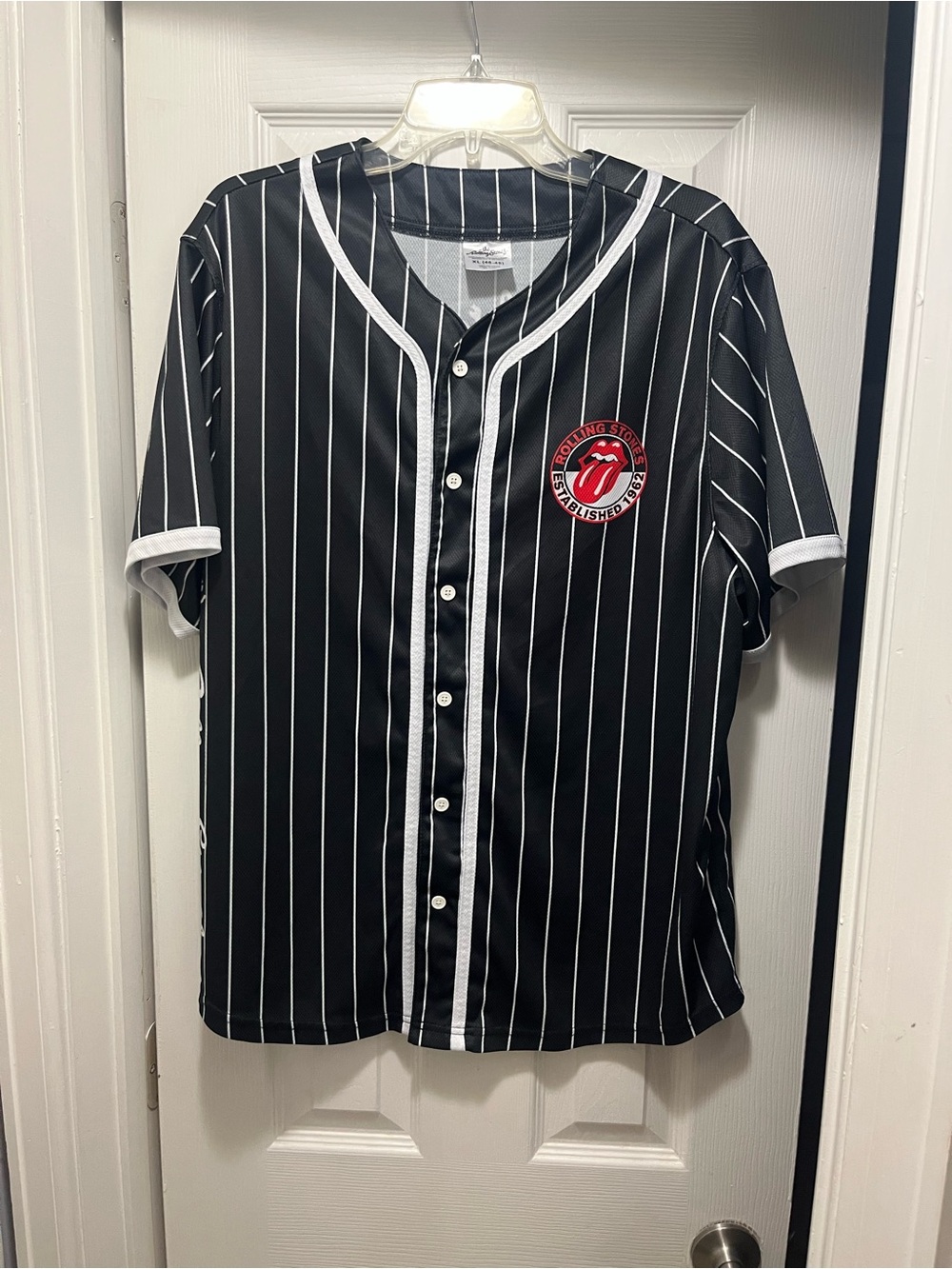 The Rolling Stones Black Pinstripe Baseball Jersey with Red Tongue Patch